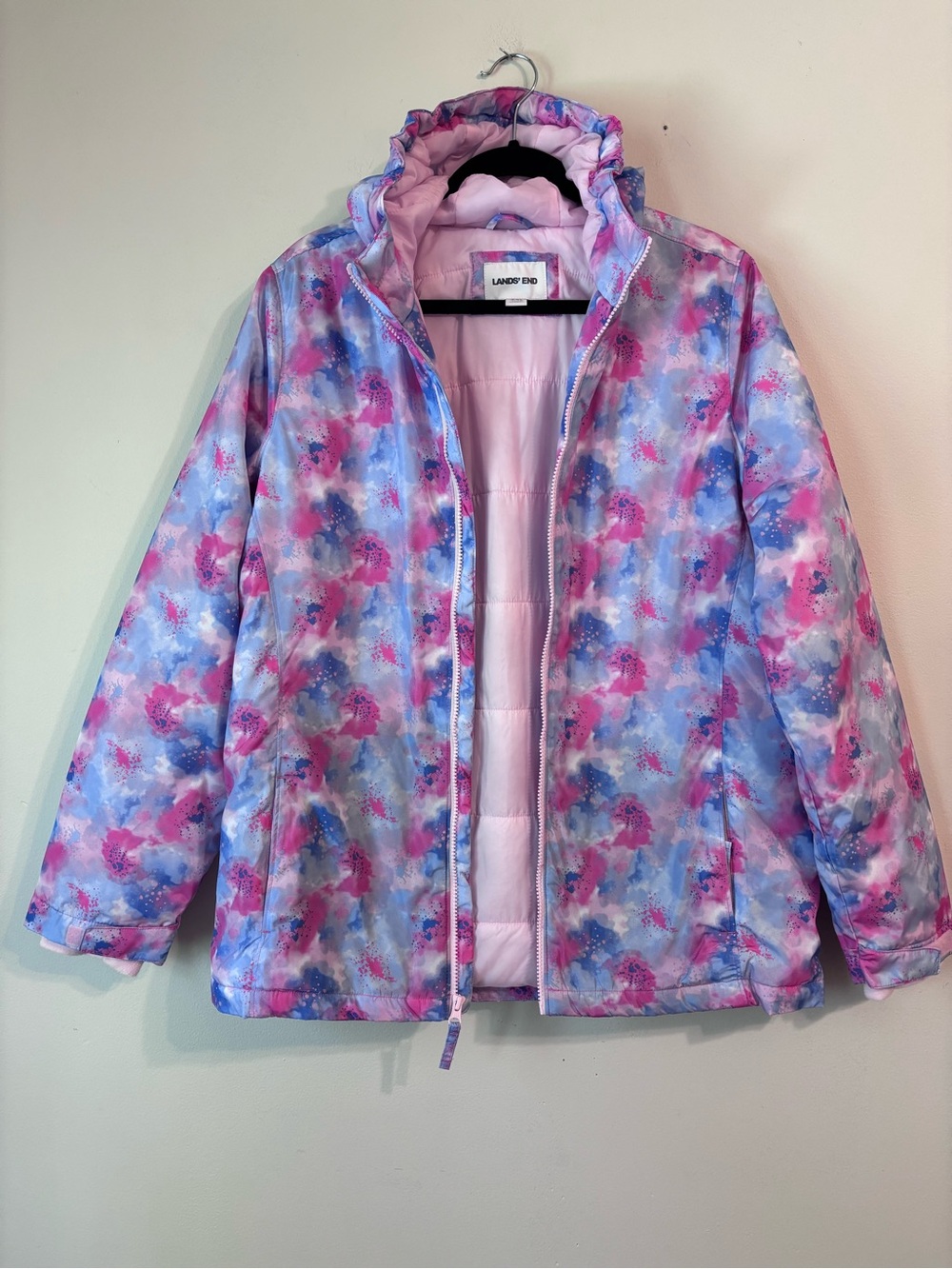 Lands' End Girls Hooded Puffy Coat in Pink & Blue Splash Size XXL (18-20)